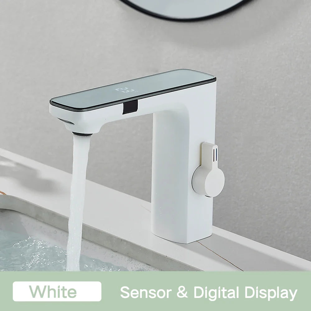 Touchless Sensor Basin Faucet with Digital Display – Brushed Grey Brass Bathroom Sink Mixer Tap, Single Hole Single-Handle, Hot & Cold