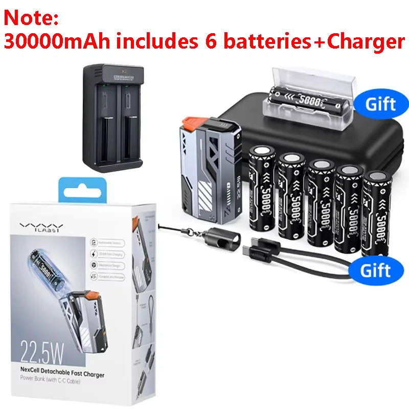 Replaceable Power Bank 10,000–40,000mAh | 22.5W Fast Charge External Battery Pack with Built-in Cable & USB-C