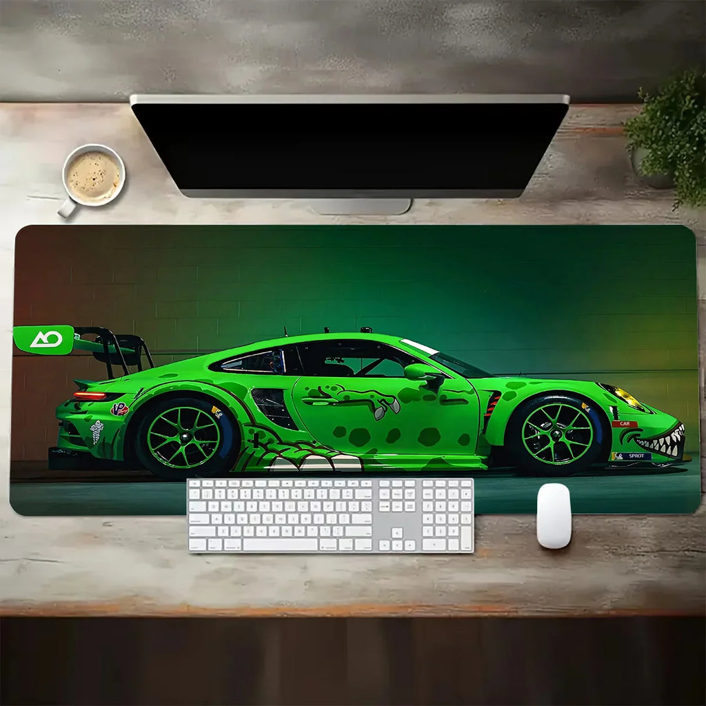 Large Extended Gaming Mouse Pad – White Sports Car Design, Anti-Slip Rubber Base Desk Mat for Gamers & Office