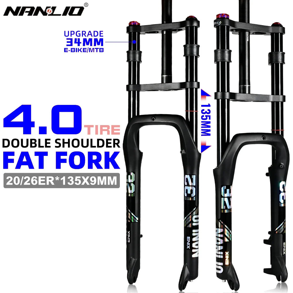 E-Bike Snow Front Suspension Fork 20x4.0 / 26x4.0 in | 135mm Dropout | Air + Oil MTB Fork, 330mm Travel