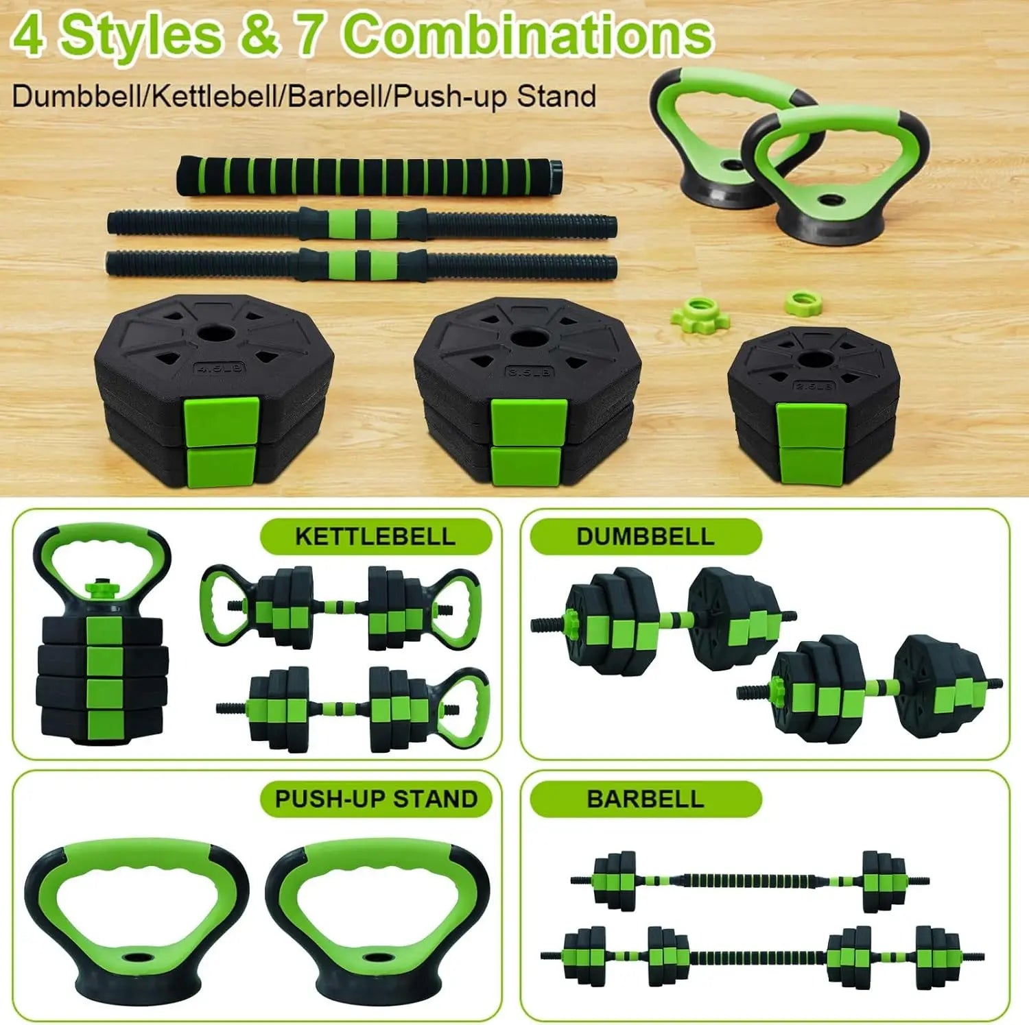 4-in-1 Adjustable Dumbbell Kettlebell Set – 66 lb (30 kg) or 88 lb (40 kg) Convertible Dumbbells to Barbell with Push-Up Handles for Home Gym