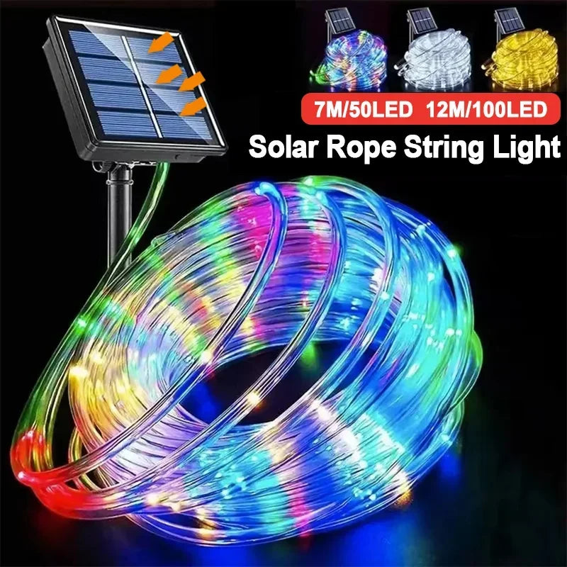 Solar LED String Lights (100/200 LEDs, 10m/20m | 32.8ft/65.6ft) Waterproof IP65 Tube Rope Fairy Lights for Garden Patio Wedding Christmas