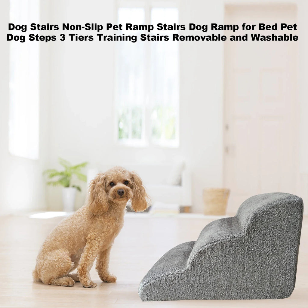Non-Slip 3-Step Pet Stairs for Dogs & Cats — Removable Washable Cover, Foam Ramp for Bed & Sofa, 23.6 x 16.5 x 15.4 in (60 x 42 x 39 cm)
