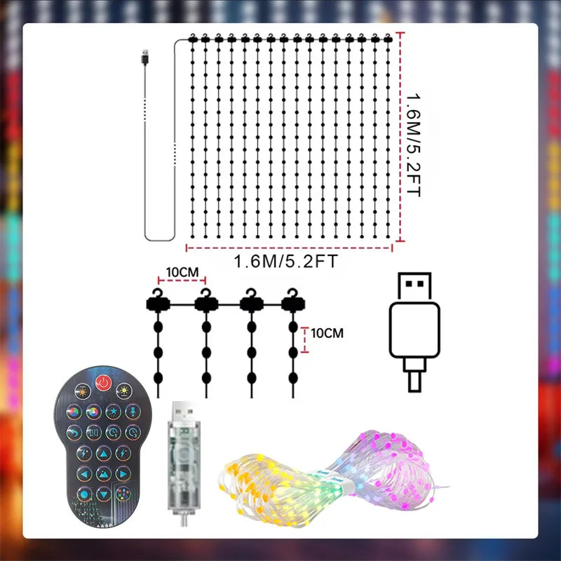 LED RGBIC Smart Curtain String Lights USB Powered App & Remote Control, Music Sync DIY Patterns, IP67 Waterproof — 1.6×1.6 m (5.25×5.25 ft) or 2.4×2.4 m (7.87×7.87 ft) for Bedroom Party Outdoor