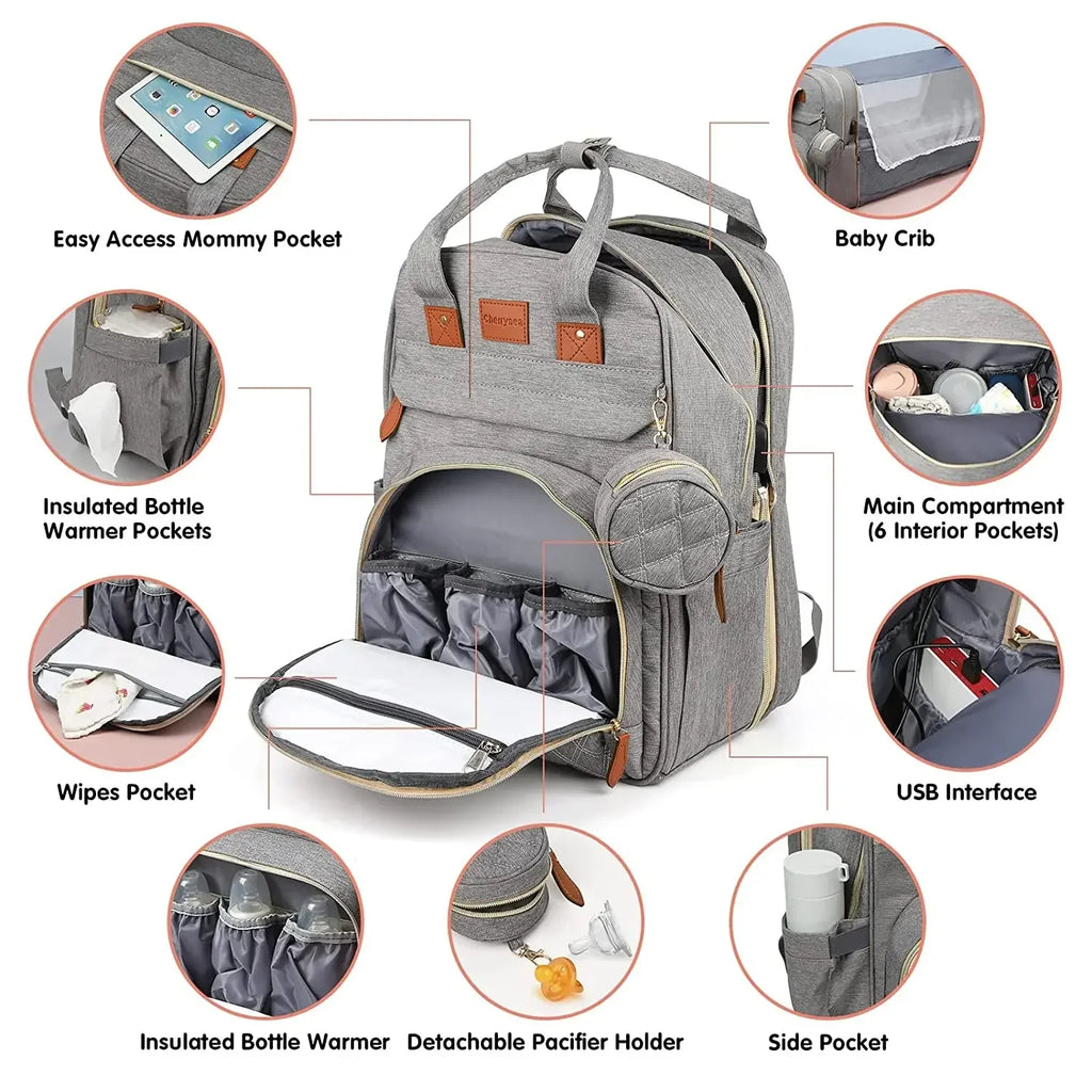 3-in-1 Diaper Bag Backpack with Foldable Changing Bed, Waterproof Travel Bag with USB Charging Port