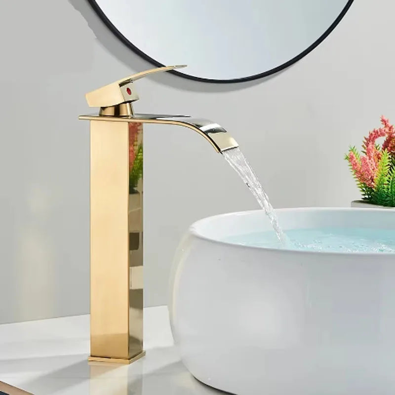Brushed Gold Waterfall Bathroom Faucet - Single Lever Deck-Mount Basin Mixer, Single Hole, Stainless Steel Ceramic Valve