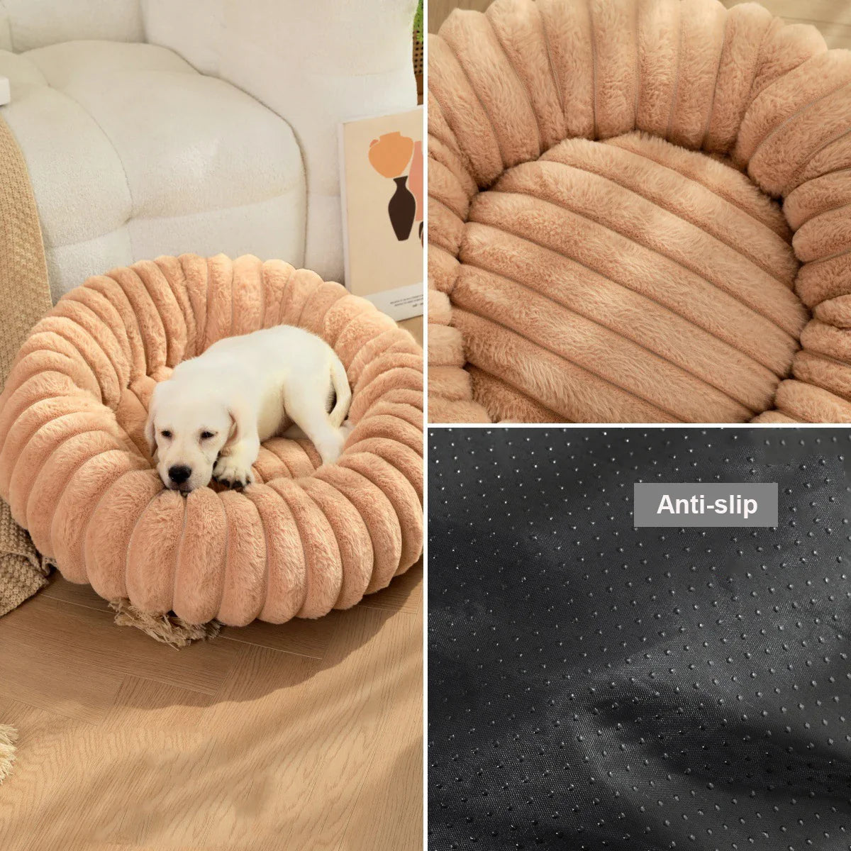 Large Round Pet Bed – Washable Faux Fur Dog & Cat Sofa, All-Season Cozy Plush
