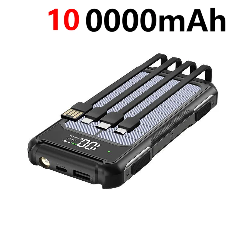 200000mAh Solar Power Bank — 4-in-1 Built-in Cables, Fast Charge, Digital Display & LED Emergency Light