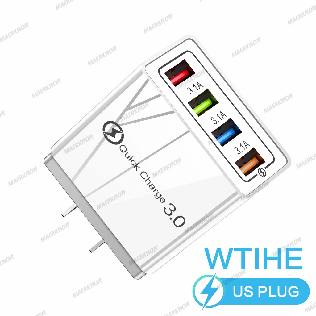 4-Port USB-A Wall Charger QC 3.0 3.1A Fast Travel Charger, 45W Total, US/EU Plug