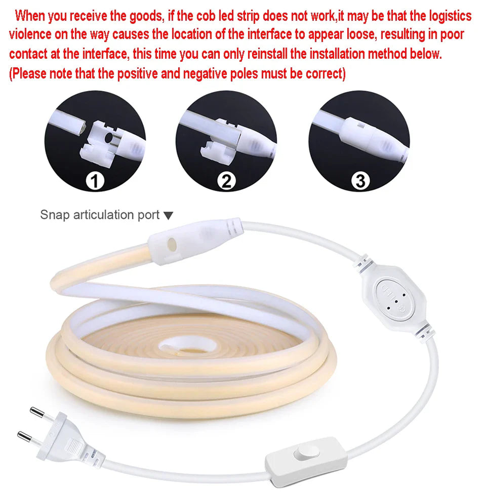 COB LED Strip Light 288 LEDs/m (≈88 LEDs/ft) IP67 Waterproof 110V/220V with EU & US Plug and Inline Switch - Warm/Neutral/Cool White