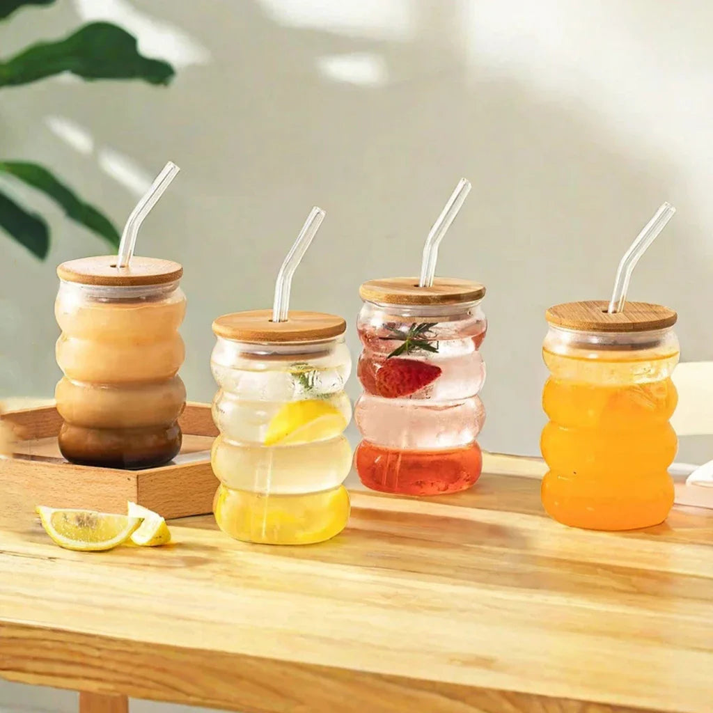 1/2/4-Pack Wave Glass Cups with Lid & Straw — 350ml (12 fl oz) Heat-Resistant Tumblers for Juice, Iced Coffee, Smoothies