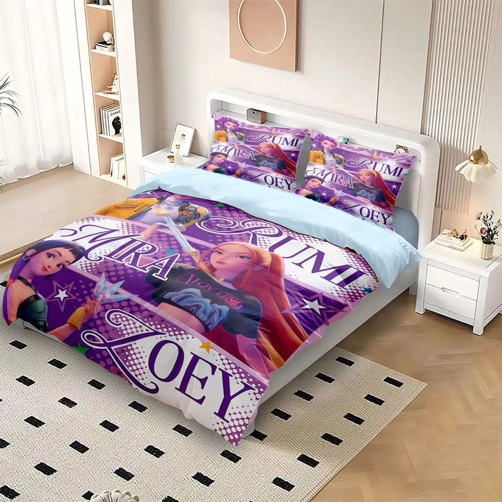 3-Piece K-Pop Cartoon Demon Hunters Girl Group Print Duvet Cover Set, Soft Microfiber, Machine Washable — Multiple Sizes 1.0–2.8m (39–110 in / 3.3–9 ft)