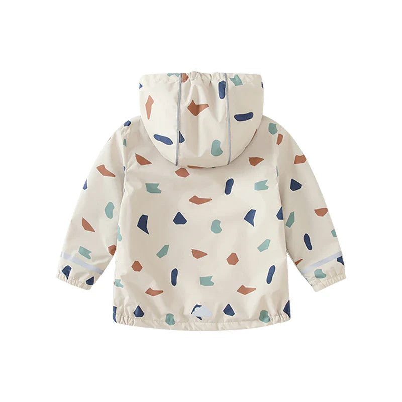 Waterproof Hooded Softshell Jacket for Kids – Fleece-Lined Unisex Rain Coat with Cartoon Print, Cotton-Polyester, Ages 7–12 Years