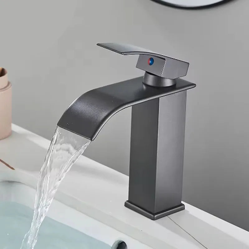 Brushed Gold Waterfall Bathroom Faucet - Single Lever Deck-Mount Basin Mixer, Single Hole, Stainless Steel Ceramic Valve