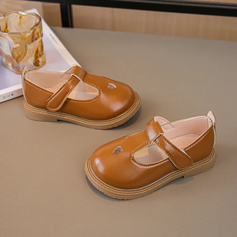 Girls Princess PU Leather T-Strap Flats with Heart Cut-Outs Cute Toddler & Kids Dress Shoes for Spring Autumn