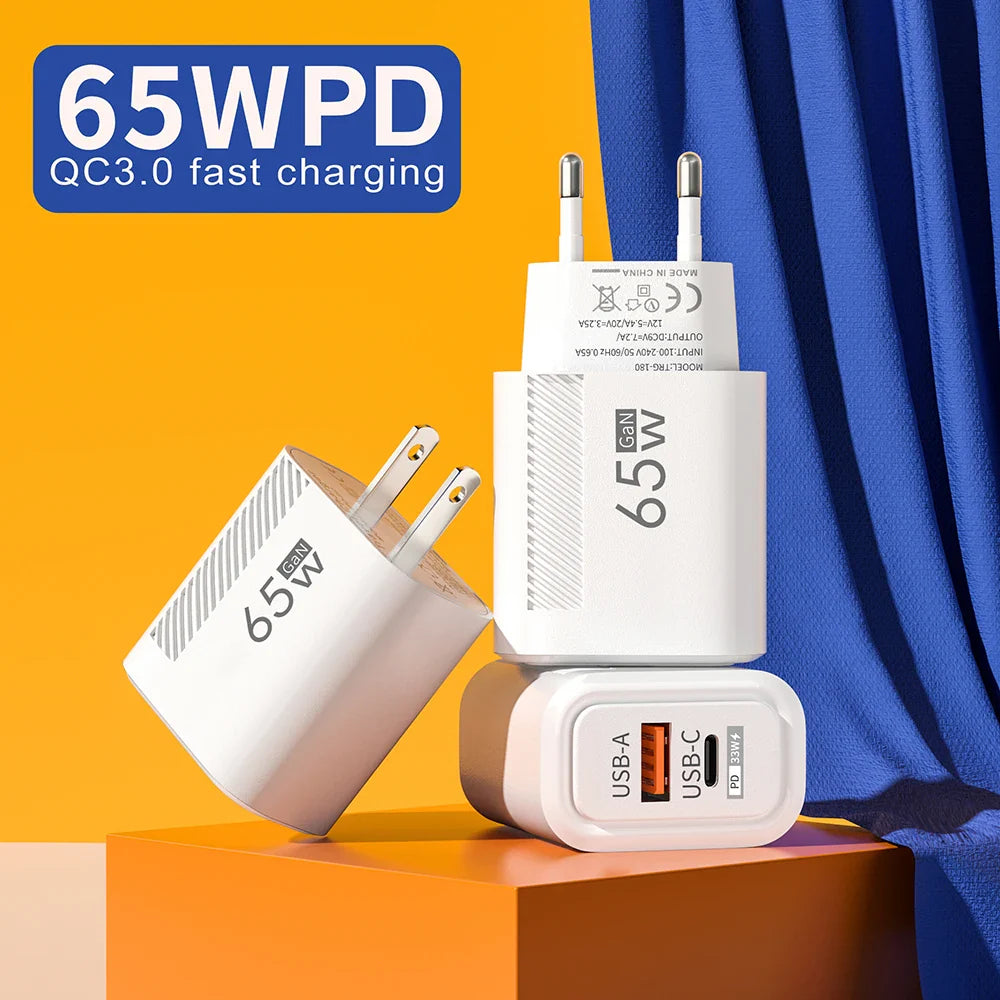 65W GaN 2-Port USB-C PD & QC3.0 Fast Charger - USB-A + USB-C Wall Adapter, EU/US Plug for Smartphones