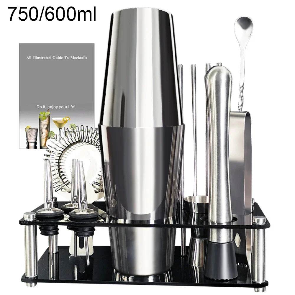 13-22 Piece Cocktail Shaker Bar Set – Stainless Steel Bartender Kit with 750ml/600ml Shaker, Jiggers, Strainer, Pourers & Acrylic Rack