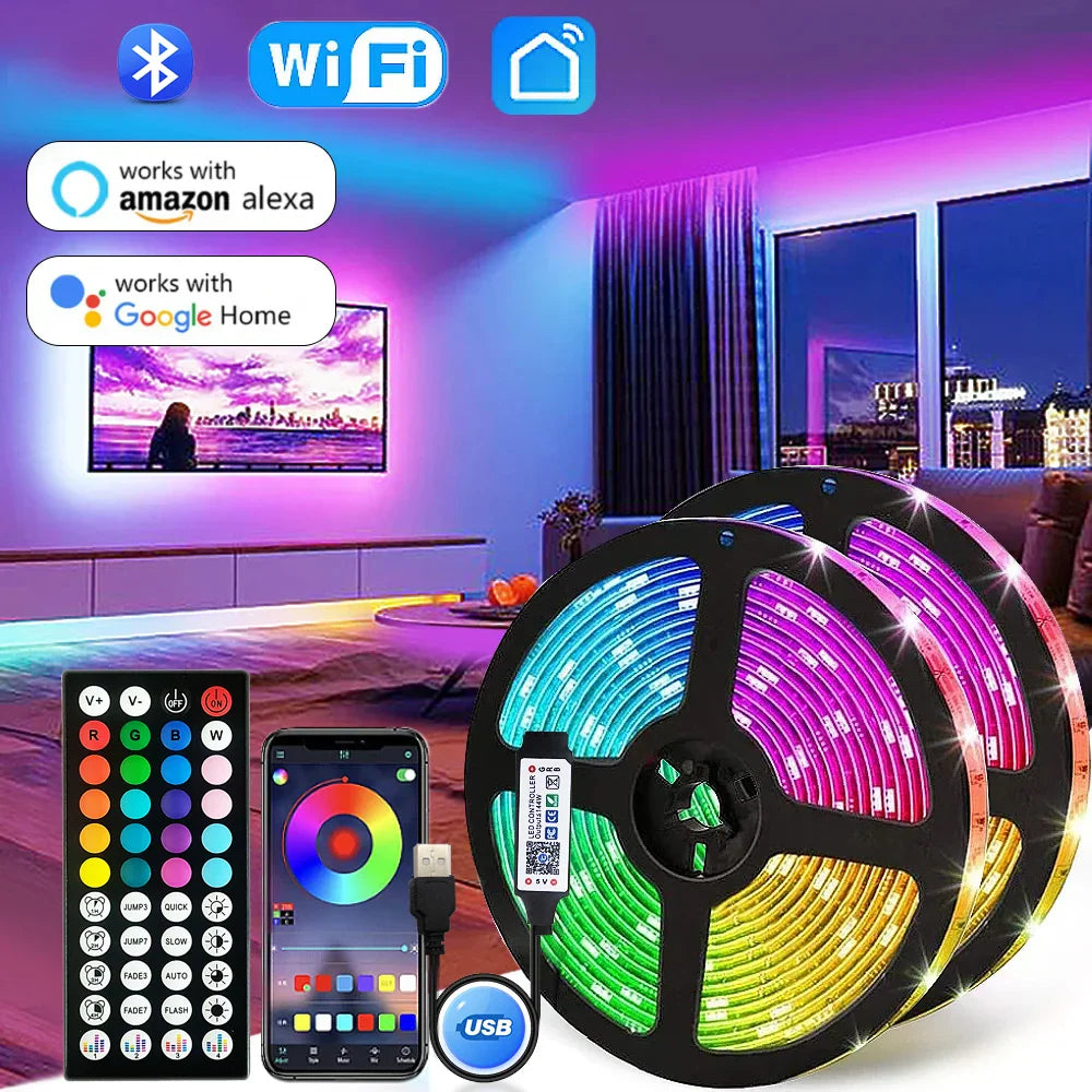 USB 5V 5050 SMD RGB LED Strip Light - Bluetooth & WiFi App with Remote, Backlight Tape (1m–30m / 3.3–98.4 ft)