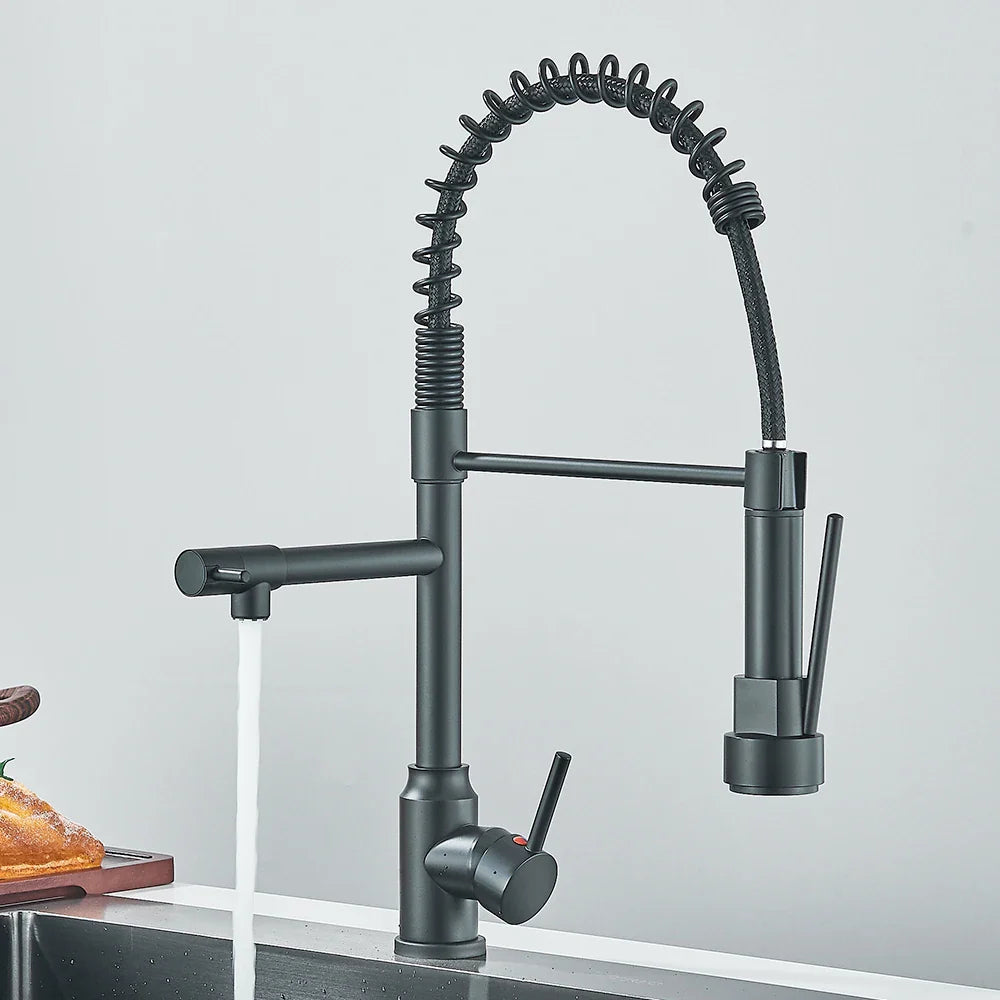 Pull-Down Spring Kitchen Faucet Single Lever Mixer Retractable Dual Spout Hot & Cold Stainless Steel