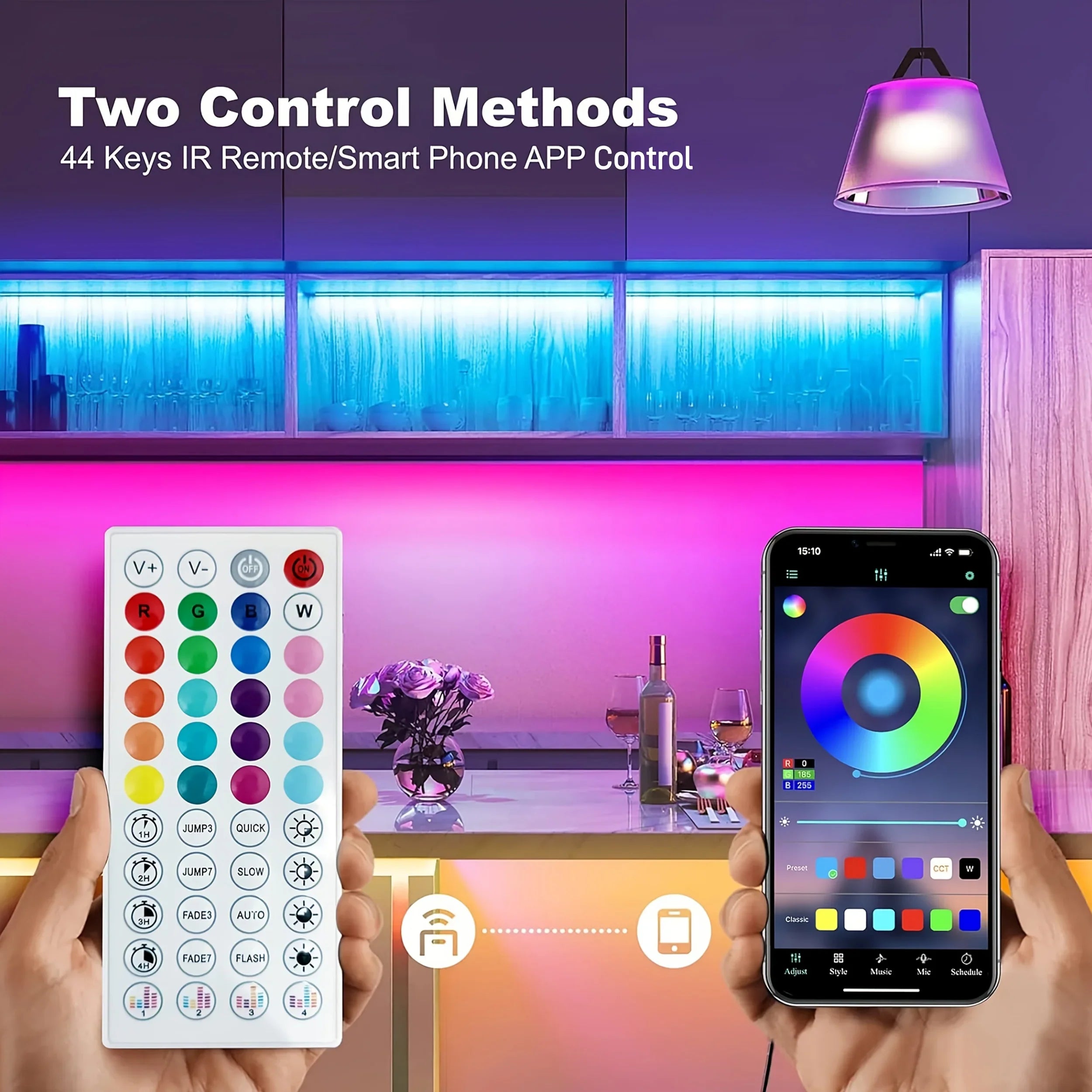 RGB LED Strip Lights 5–40m (16–131 ft) Music Sync Smart App & Remote SMD5050 TV Backlight 24V IP20
