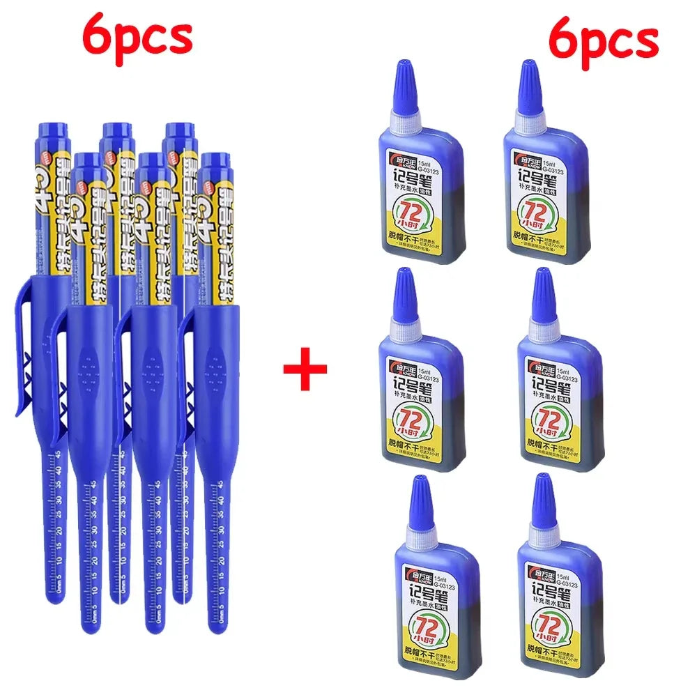 Waterproof Carpenter & Tile Marker Pen 45mm Long Nib — Deep-Hole Woodworking Marker, Black Blue Red (1–6 Pack)