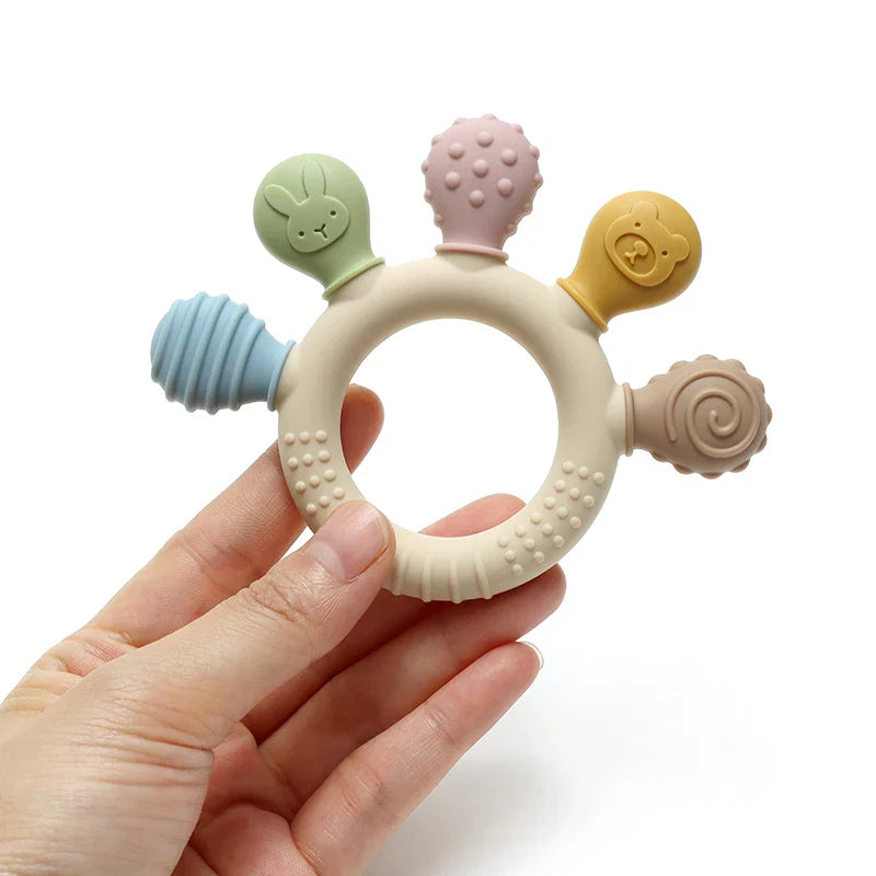 Multicolor Silicone Baby Ring Teether – Calming Chew Beads Sensory Gum Relief for 0–24 Months