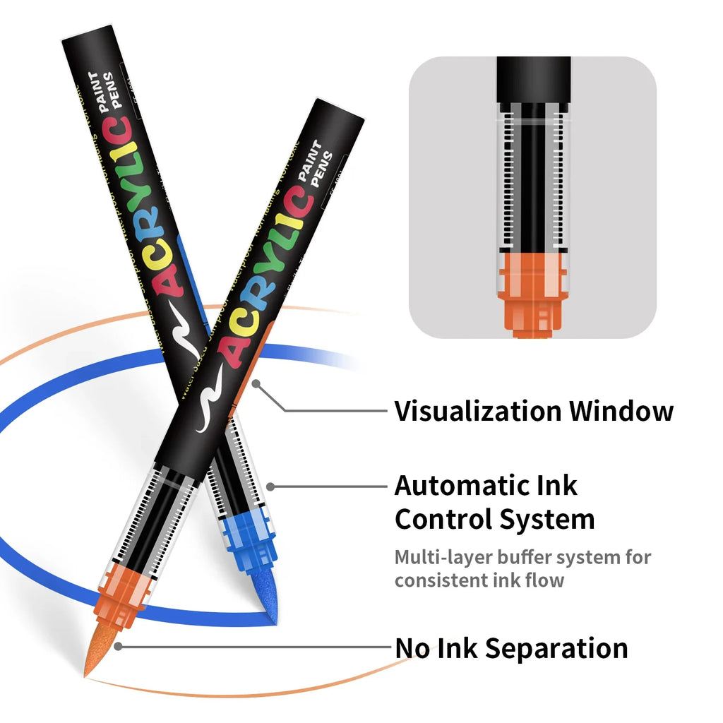 Acrylic Paint Brush Marker Set – Soft Brush Tip with Automatic Ink Control | Paint Pens for Wood, Stone, Glass, Canvas & Fabric
