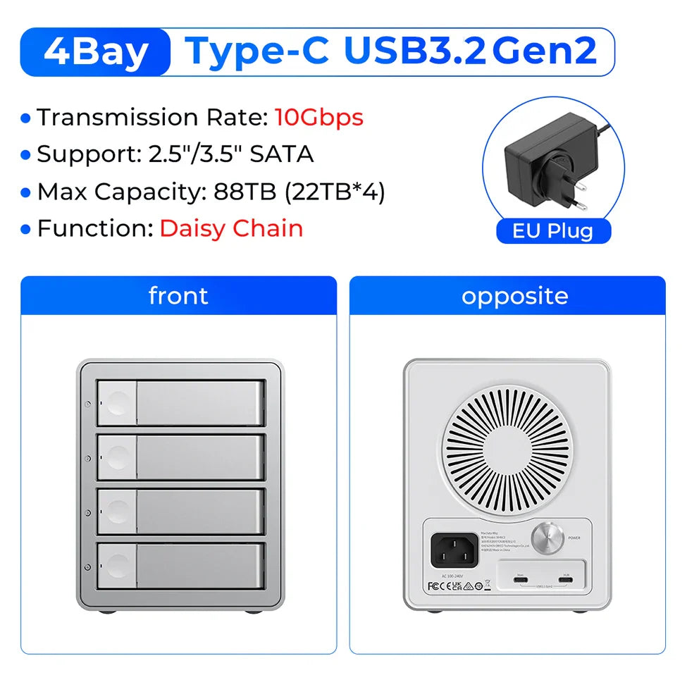 5-Bay 10Gbps SATA HDD & SSD Docking Station, 2.5"/3.5" USB 3.2 Gen2 Type-C Enclosure with Daisy Chain & 150W Power