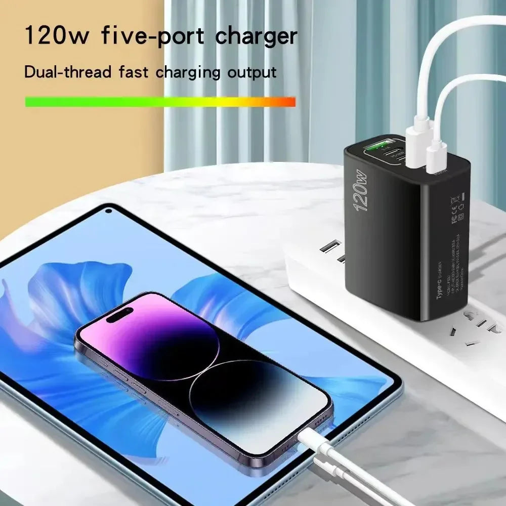 5-Port 120W USB-C PD Fast Wall Charger (3×USB-C + 2×USB-A) — Multi-Device Fast Charging for Smartphones & Tablets
