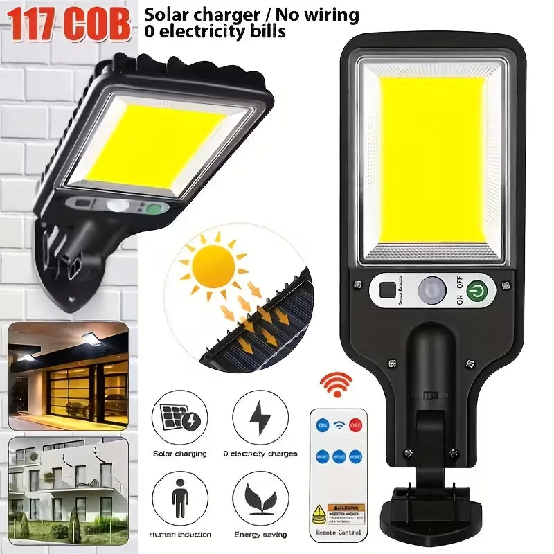 LED COB Solar Motion Sensor Wall Light – 3 Modes, Remote Control, IP65 Waterproof, 1500LM 1200mAh