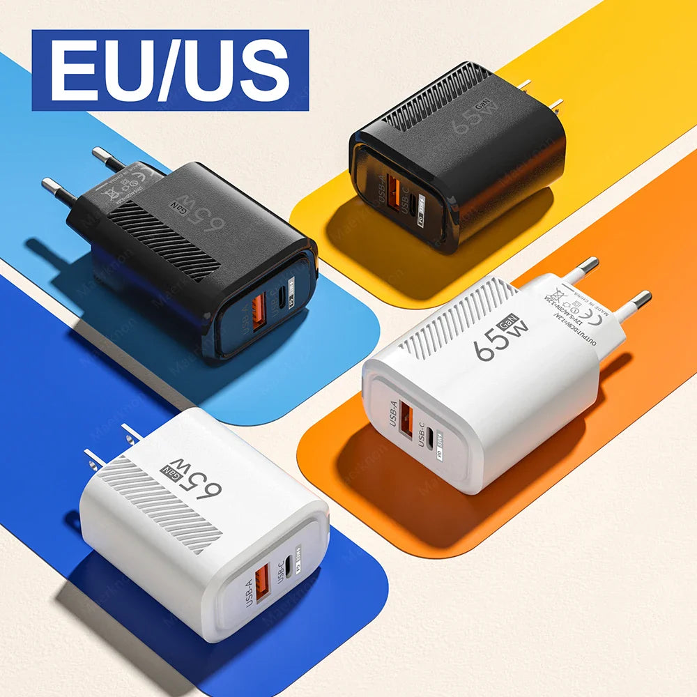 65W GaN 2-Port USB-C PD & QC3.0 Fast Charger - USB-A + USB-C Wall Adapter, EU/US Plug for Smartphones