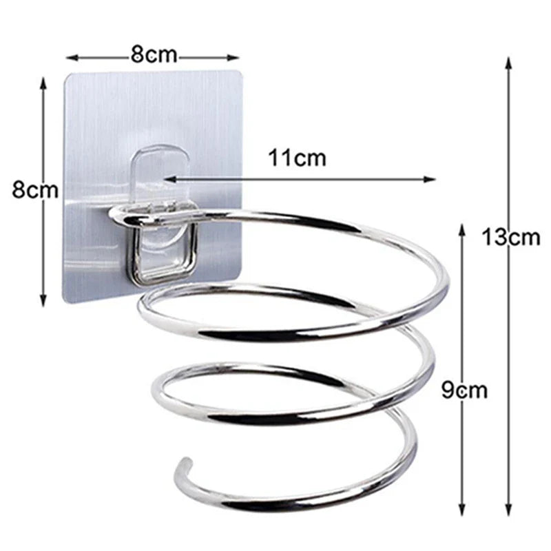 Wall-Mounted Hair Dryer Holder Stainless Steel Spiral Stand – Nail-Free Adhesive, 12 x 10 cm (4.72 x 3.94 in)