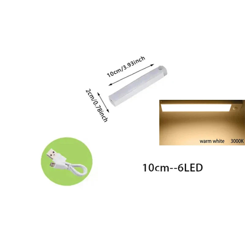 PIR Motion Sensor LED Under-Cabinet Rechargeable Night Light — Dimmable Magnetic Closet Stair Kitchen Light Bar (10–50 cm / 4–20 in)