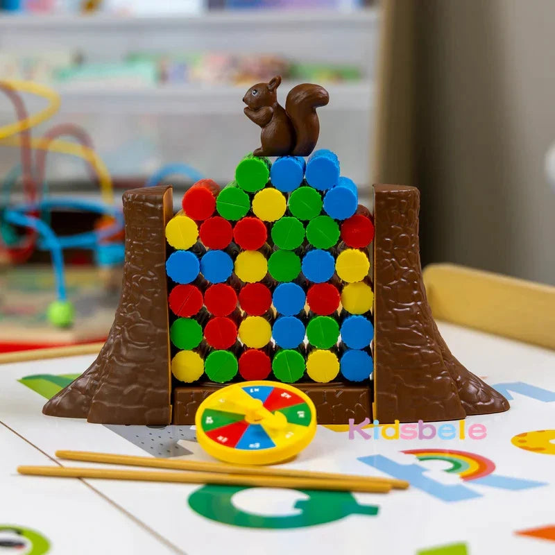 Kids Balance Tower Stacking Game - Squirrel Rescue Block Puzzle with Roulette Spinner, Family Party Game