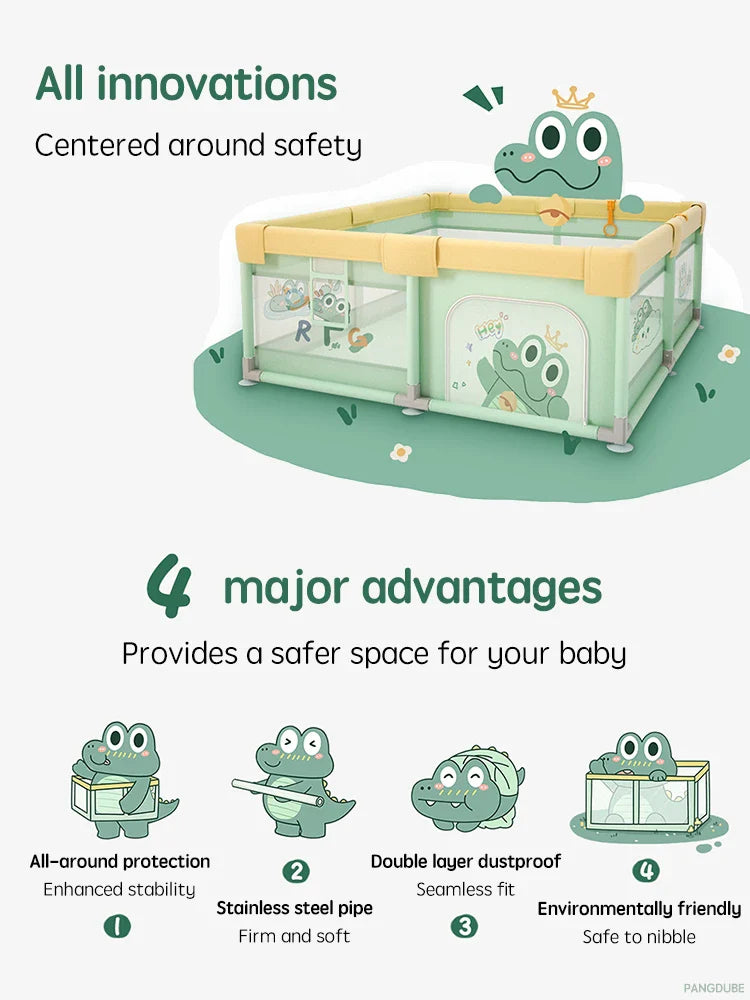 Crocodile Baby Playpen with Storage Bag & Hand Rings – Portable Play Fence for Ball Pit & Toddler Playground