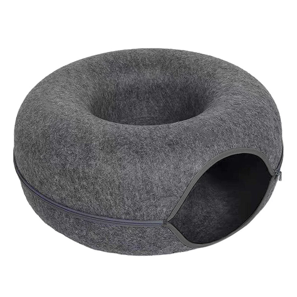 Donut Tunnel Cat Bed – Interactive Felt Cat House, Washable Zipper Design, All-Season Cozy Kitty Bed (M: 50 x 50 x 20 cm / 19.7 x 19.7 x 7.9 in; L: 60 x 60 x 28 cm / 23.6 x 23.6 x 11.0 in)