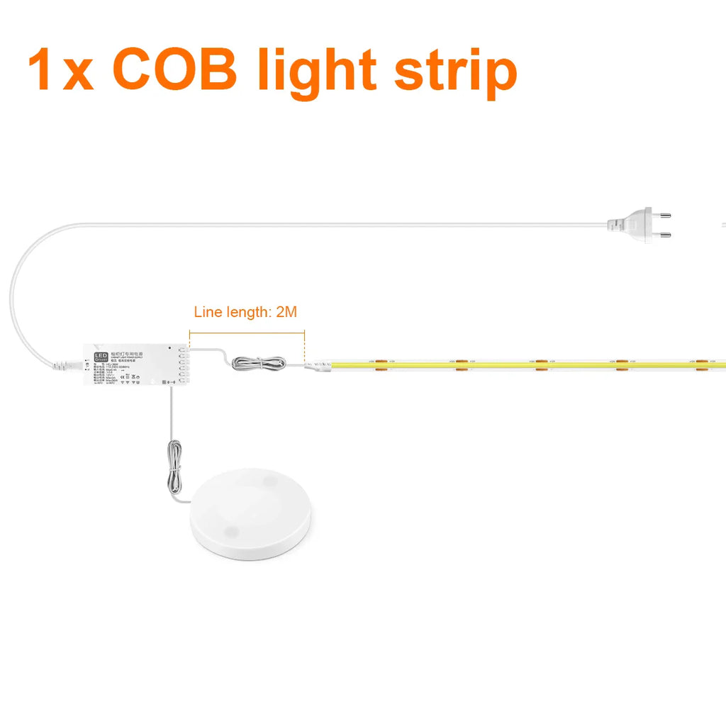 COB LED Strip Light with Penetrable Touch Dimmer – Waterproof 12V Cabinet & Closet Lighting, 1m/2m/3m/5m (39/79/118/197 in), 320 LEDs/m, Warm/Neutral/Cool