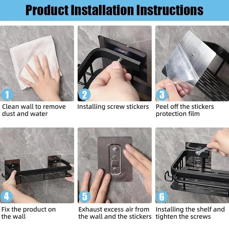 No-Drill Aluminum Alloy Bathroom Shower Shelf Wall-Mounted Shampoo Rack and Kitchen Organizer