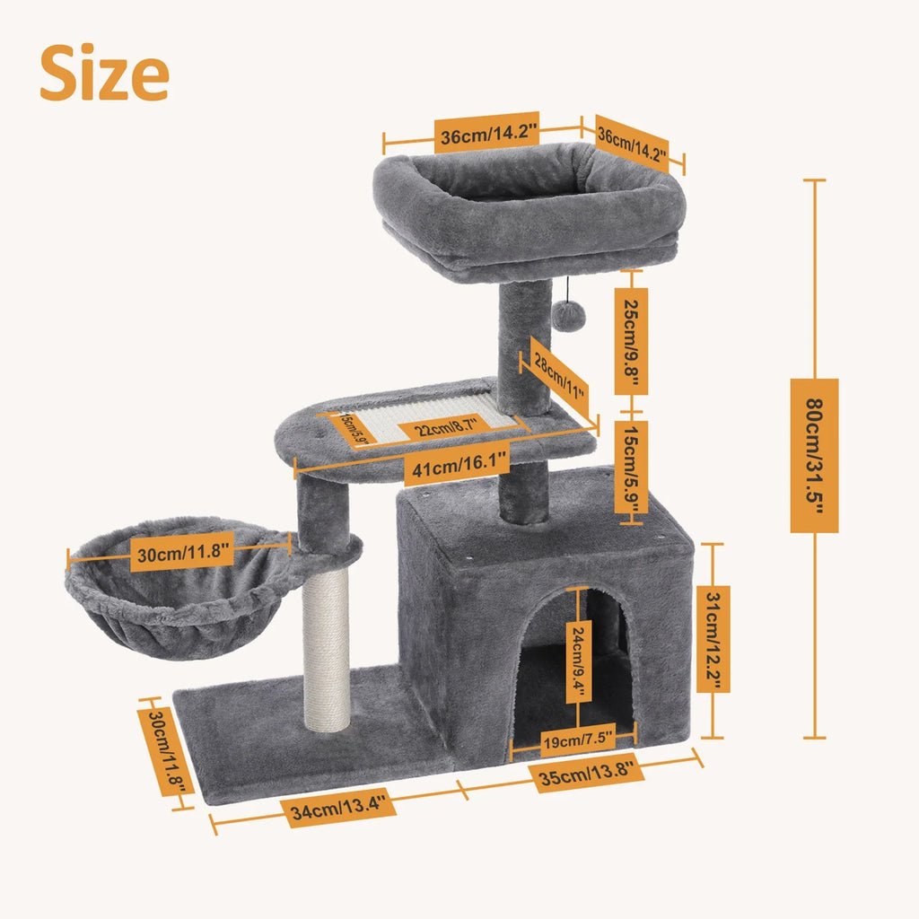 3-Tier Indoor Cat Tree Tower with Sisal Scratching Posts, Large Hammock & Removable Top Perch – Grey