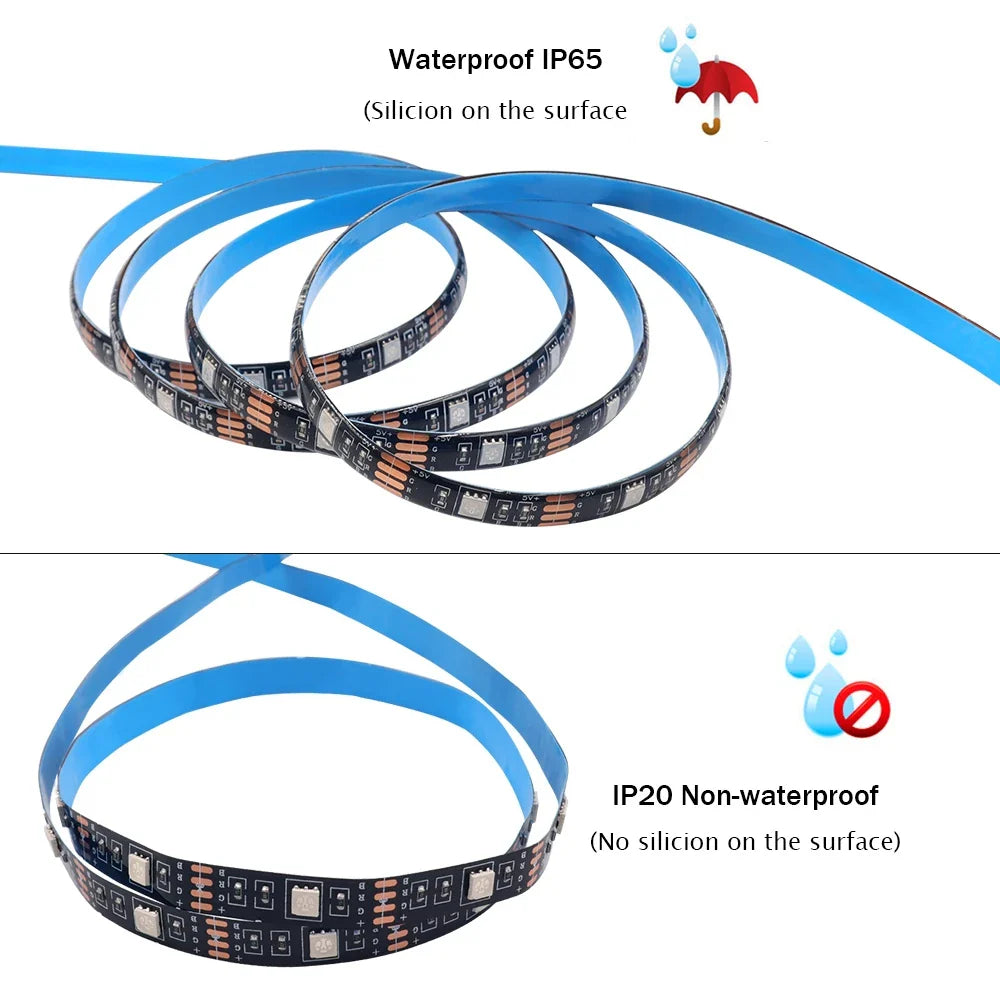 5V 5050 RGB LED Strip Light - Battery/USB Powered 0.5–5m (IP21/IP65) with Remote Control