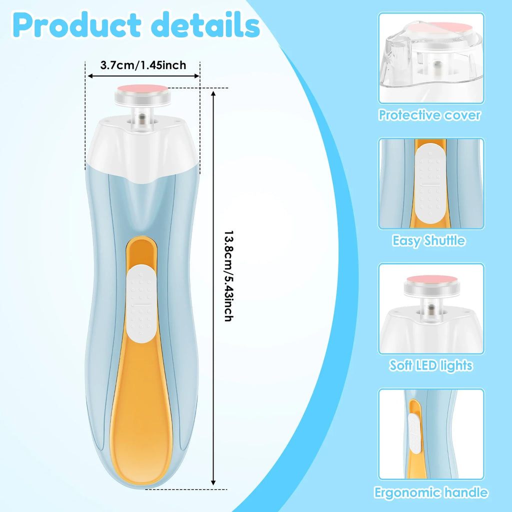USB Rechargeable Electric Baby Nail Trimmer, LED Light, Silent Motor, Adjustable Speed, 6 Grinding Heads (Newborn to Adult)
