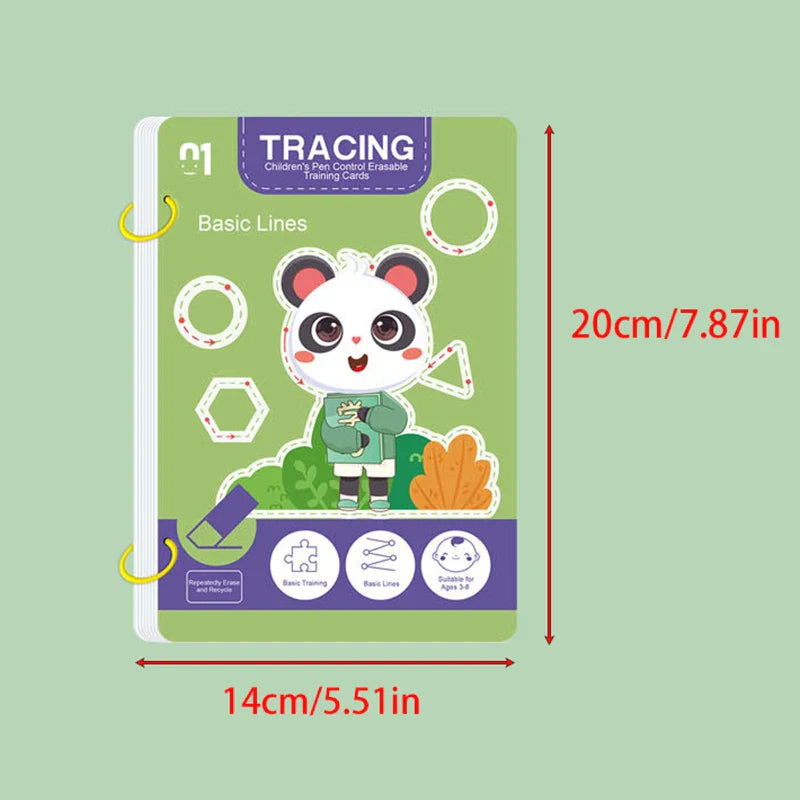 Reusable 34-Page Kids Workbook with Erasable Pen — Early Writing & Drawing Practice, Pen Control Training, Educational Gift