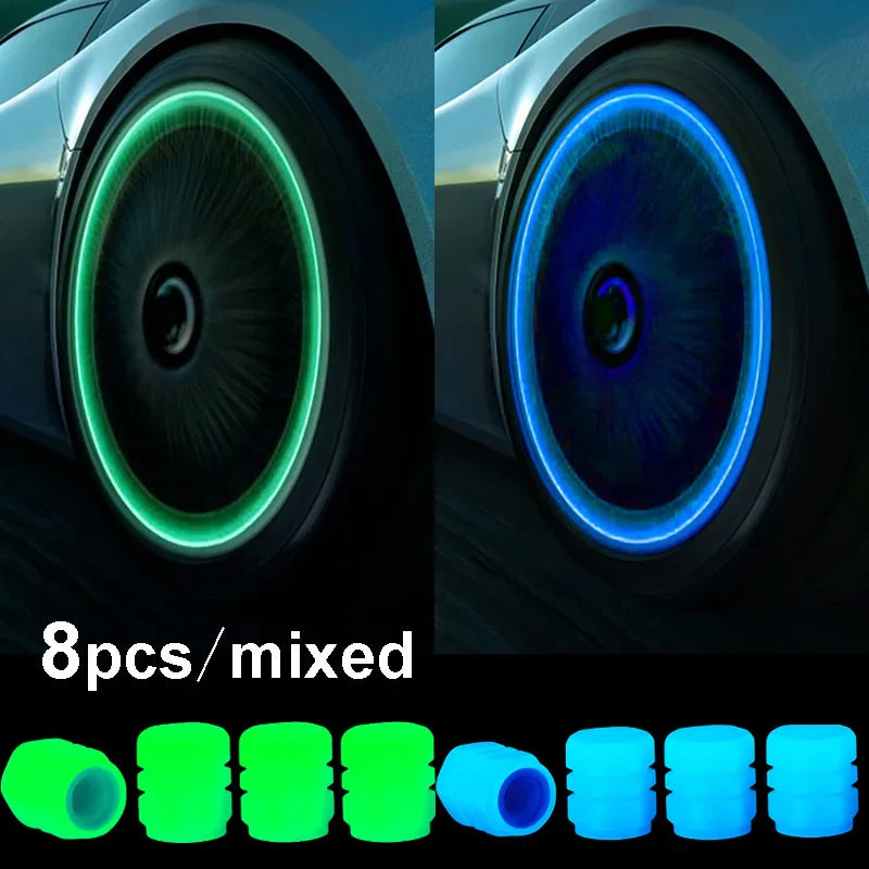 Glow-in-the-Dark Luminous Tire Valve Caps Set of 4 — Fluorescent Wheel Valve Stem Caps Universal for Car Motorcycle Bicycle