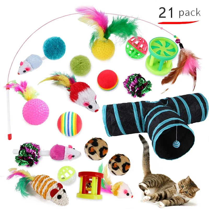 Interactive 11-Piece Cat Toy Variety Set — Feather Wands, Sisal Mice, Bell Balls & Plush Toys