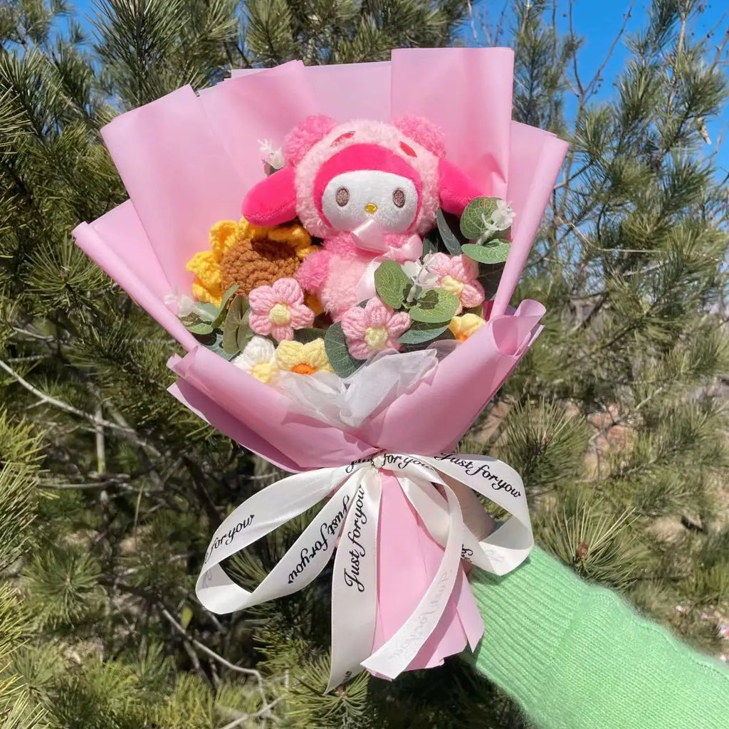 Kawaii Cat Plush Bouquet with Artificial Flowers — Cute Plush Doll Gift for Her, Valentine, Birthday, Graduation