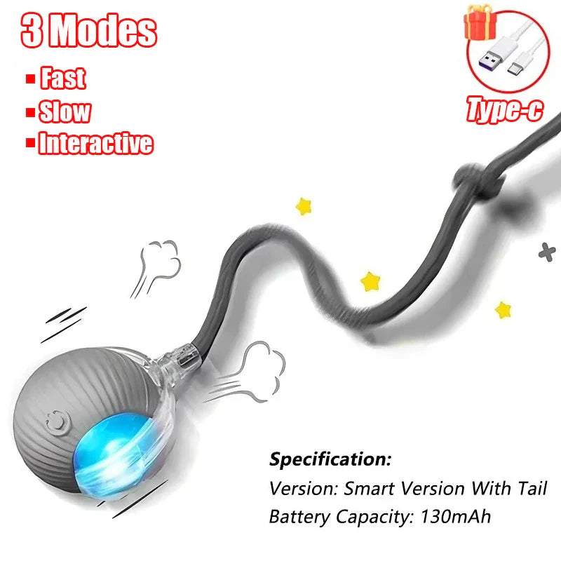 Interactive Automatic Rolling Ball Toy for Cats and Dogs, Rechargeable Smart Pet Toy with Faux Tail