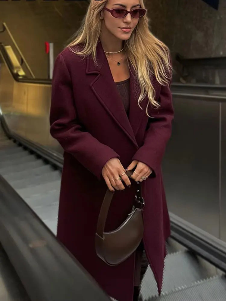 Women's Burgundy Double-Breasted Wool-Blend Coat - Long Sleeve Lapel Jacket, Autumn Winter Outerwear