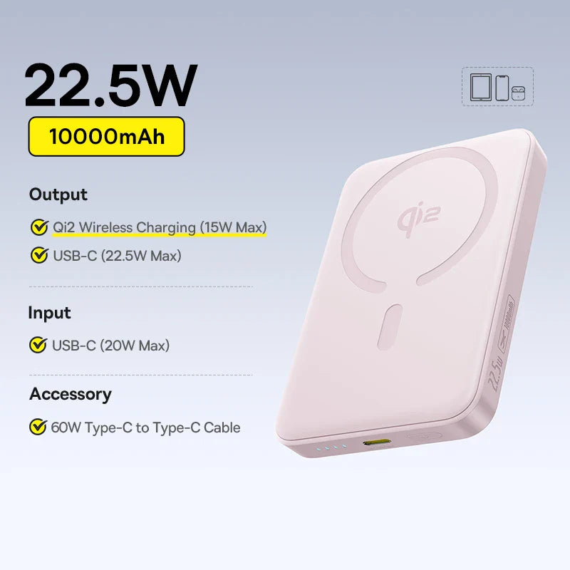 Qi2 Magnetic 10000mAh Power Bank 15W Wireless 22.5W USB-C Fast Charge Magnetic Snap Portable Charger