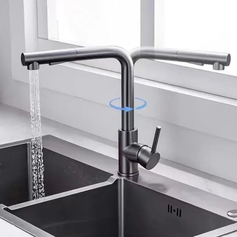 Matte Black Pull-Out Kitchen Faucet – 304 Stainless Steel Single-Handle, 360° Swivel, Ceramic Valve, Stream & Spray