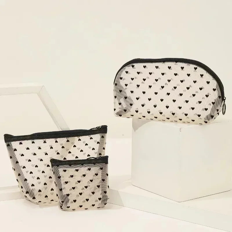 Heart-Shaped Mesh Cosmetic Bag - Zipper Toiletry Makeup Pouch for Women, Coin & Lipstick Organizer